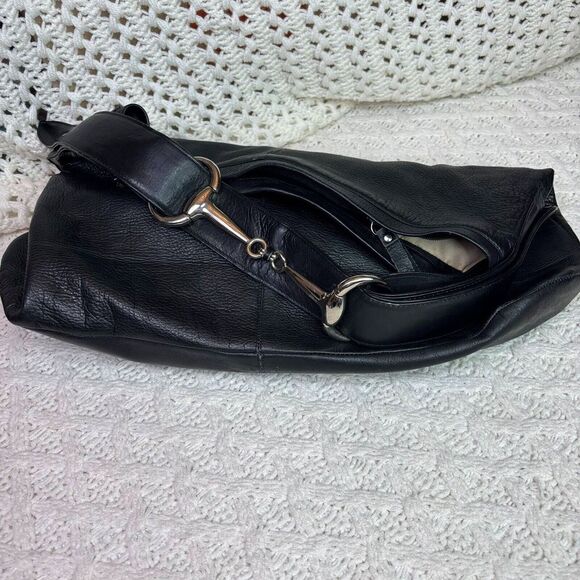 Handbags - Women's‎ Black Leather Tote Handbag Shoulder Bag with Silver Hardware